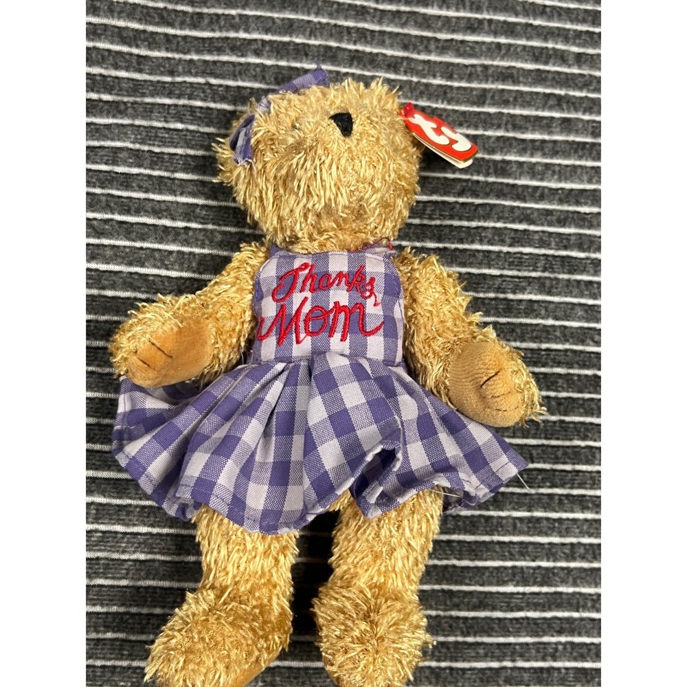 Ty Attic Treasures Mommy Bear Tan Plush Purple Gingham Dress Thanks Mom 2000 8in